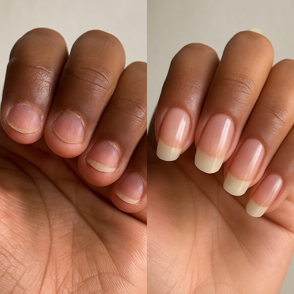 Close-up of a hand with nail growth oil on a neutral background
