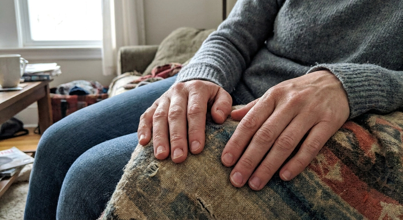 Woman looking at hands with determination